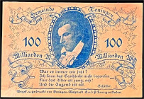 Banknoten

Deutsches Notgeld und KGL

Teningen (Baden)

Gemeinde, 100 Mrd. Mark Aluminiumfolie goldfarben (1.11.1923.) Einseitig nur Rs., Textdr...