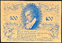 Banknoten

Deutsches Notgeld und KGL

Teningen (Baden)

Gemeinde, 100 Mrd. Mark Aluminiumfolie goldfarben (1.11.1923.) Einseitig nur Rs., Textdr...