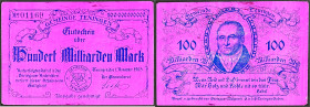 Banknoten

Deutsches Notgeld und KGL

Teningen (Baden)

Gemeinde, 100 Mrd. Mark Aluminiumfolie rotviolett 1.11.1923 Textdruck beidseitig blau, m...