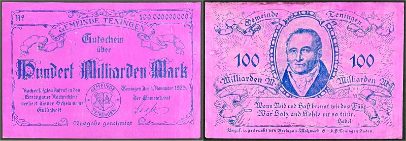 Banknoten

Deutsches Notgeld und KGL

Teningen (Baden)

Gemeinde, 100 Mrd....