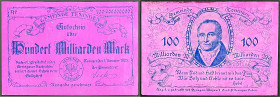 Banknoten

Deutsches Notgeld und KGL

Teningen (Baden)

Gemeinde, 100 Mrd. Mark Aluminiumfolie rotviolett 1.11.1923 Textdruck beidseitig blau, o...