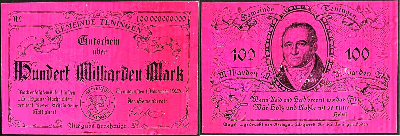 Banknoten

Deutsches Notgeld und KGL

Teningen (Baden)

Gemeinde, 100 Mrd....