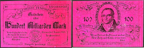 Banknoten

Deutsches Notgeld und KGL

Teningen (Baden)

Gemeinde, 100 Mrd. Mark Aluminiumfolie dunkelrot 1.11.1923 Textdruck schwarz, ohne KN., ...