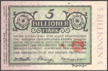 Banknoten

Deutsches Notgeld und KGL

Vohwinkel (Rheinland)

Kreisausschuss des Kreises Mettmann, 5 Bio. Mark 10.11.1923. Wz. Delta-Muster. I. D...