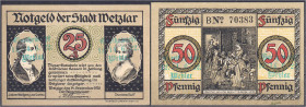 Banknoten

Deutsches Notgeld und KGL

Wetzlar (Rheinland)

Stadt, 25 und 50 Pfg., mit grünem Frakturstempel 'Goethe Woche' 12.- 14.9.1922. Bedar...