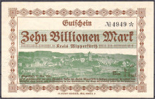 Banknoten

Deutsches Notgeld und KGL

Wipperfürth (Rheinland)

Kreis, 10 Bio. Mark 25.11.1923. Wz. C-Kreuz-Muster. II+ Dießner. 780.4.
