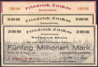 Banknoten

Deutsches Notgeld und KGL

Worms (Hessen)

Friedrich Zucker, Bauunternehmung, 5, 10 u. 50 Mio. Mark 1923. Gültig bis 30.11.1923. Wz. ...