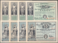Banknoten

Deutsches Notgeld und KGL

Xanten (Rheinland)

Stadt: 8 verschiedene Scheine: 4x 1.50 und 4x 3 Mark 1921. Alle mit KN. I-II. Lindman ...