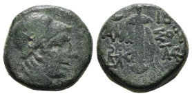 PONTOS. Amisos. Ae (Circa 111-105 or 95-90 BC). Struck under Mithradates VI Eupator.
Obv: Helmeted head of Ares right.
Rev: AMI - ΣOV.
Sword in sheath...