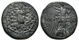 PONTOS. Amisos. Ae (Circa 85-65 BC). Time of Mithradates VI Eupator.
Obv: Aegis facing.
Rev: AMIΣOY.
Nike advancing right with shouldered palm branch;...