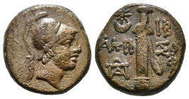 PONTOS. Amisos. Time of Mithradates VI Eupator (Circa 105-90 or 90-85 BC). Ae.
Obv: Helmeted head of Athena right.
Rev: AMI - ΣOY.
Sword in sheath; st...