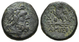 PONTOS. Amisos. Ae (Circa 100-85 BC).
Obv: Laureate head of Zeus right.
Rev: AMIΣOV.
Eagle, with head right, standing left on thunderbolt; monogram to...