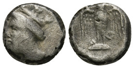 PONTOS. Amisos. Drachm (Circa 4th century BC).
Obv: Head of Hera left, wearing mural crown.
Rev: Owl, with wings spread, standing facing on shield. 3,...