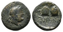 CARIA, Tabai. 2nd-1st centuries BC. Æ. Fim–, magistrate. Laureate head of Zeus right / Caps of the Dioskouroi. 3,92 g