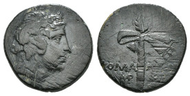 PONTOS. Komana. Ae (Circa 85-65 BC).
Obv: Head of Dionysios right, wearing mitra and ivy wreath.
Rev: KOMA - NΩN.
Filleted thyrsos; two monograms belo...