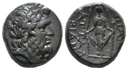 PHRYGIA. Apameia. Ae (Circa 100-50 BC).
Obv: Head of Zeus right, wearing oak wreath.
Rev: AΠΑΜΕΩN.
Facing statue of Artemis Anaitis, with supports 9,1...