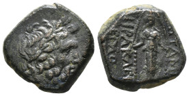 PHRYGIA. Apameia. Ae (Circa 100-50 BC).
Obv: Head of Zeus right, wearing oak wreath.
Rev: AΠΑΜΕΩN.
Facing statue of Artemis Anaitis, with supports 9,8...