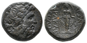 PHRYGIA. Apameia. Ae (Circa 100-50 BC).
Obv: Head of Zeus right, wearing oak wreath.
Rev: AΠΑΜΕΩN.
Facing statue of Artemis Anaitis, with supports 10,...