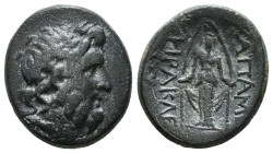 PHRYGIA. Apameia. Ae (Circa 100-50 BC).
Obv: Head of Zeus right, wearing oak wreath.
Rev: AΠΑΜΕΩN.
Facing statue of Artemis Anaitis, with supports 6,5...