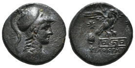 PHRYGIA. Apameia. Ae (Circa 88-40 BC).
Obv: Helmeted bust of Athena right, wearing aegis.
Rev: AΠAMEΩN.
Eagle landing right on maeander pattern; star ...