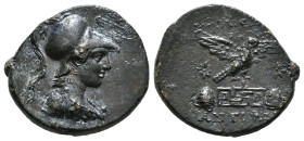 PHRYGIA. Apameia. Ae (Circa 88-40 BC).
Obv: Helmeted bust of Athena right, wearing aegis.
Rev: AΠAMEΩN.
Eagle landing right on maeander pattern; star ...