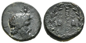 PHRYGIA. Apameia. Ae (Circa 88-40 BC).
Obv: Helmeted bust of Athena right, wearing aegis.
Rev: AΠAMEΩN.
Eagle landing right on maeander pattern; star ...