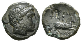 KINGS OF MACEDON. Philip II (359-336 BC). Ae Unit. Uncertain mint in Macedon.
Obv: Diademed head of Apollo right.
Rev: ΦΙΛΙΠΠΟΥ.
Naked youth on horse ...