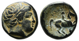 KINGS OF MACEDON. Philip II (359-336 BC). Ae Unit. Uncertain mint in Macedon.
Obv: Diademed head of Apollo right.
Rev: ΦΙΛΙΠΠΟΥ.
Naked youth on horse ...