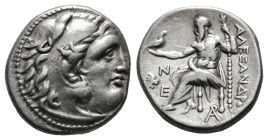 KINGS OF MACEDON. Alexander III 'the Great' (336-323 BC).Drachm.
Obv: Head of Herakles right, wearing lion skin.
Rev: AΛΕΞΑΝΔΡΟY.
Zeus seated left on ...