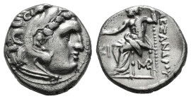 KINGS OF MACEDON. Alexander III 'the Great' (336-323 BC).Drachm.
Obv: Head of Herakles right, wearing lion skin.
Rev: AΛΕΞΑΝΔΡΟY.
Zeus seated left on ...