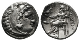 KINGS OF MACEDON. Alexander III 'the Great' (336-323 BC).Drachm.
Obv: Head of Herakles right, wearing lion skin.
Rev: AΛΕΞΑΝΔΡΟY.
Zeus seated left on ...