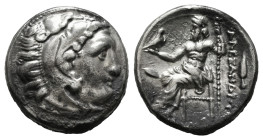 KINGS OF MACEDON. Alexander III 'the Great' (336-323 BC).Drachm.
Obv: Head of Herakles right, wearing lion skin.
Rev: AΛΕΞΑΝΔΡΟY.
Zeus seated left on ...