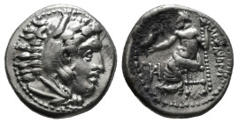 KINGS OF MACEDON. Alexander III 'the Great' (336-323 BC).Drachm.
Obv: Head of Herakles right, wearing lion skin.
Rev: AΛΕΞΑΝΔΡΟY.
Zeus seated left on ...