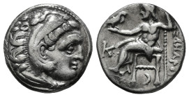 KINGS OF MACEDON. Alexander III 'the Great' (336-323 BC).Drachm.
Obv: Head of Herakles right, wearing lion skin.
Rev: AΛΕΞΑΝΔΡΟY.
Zeus seated left on ...