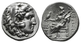 KINGS OF MACEDON. Alexander III 'the Great' (336-323 BC).Drachm.
Obv: Head of Herakles right, wearing lion skin.
Rev: AΛΕΞΑΝΔΡΟY.
Zeus seated left on ...