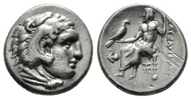 KINGS OF MACEDON. Alexander III 'the Great' (336-323 BC).Drachm.
Obv: Head of Herakles right, wearing lion skin.
Rev: AΛΕΞΑΝΔΡΟY.
Zeus seated left on ...