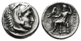 KINGS OF MACEDON. Alexander III 'the Great' (336-323 BC).Drachm.
Obv: Head of Herakles right, wearing lion skin.
Rev: AΛΕΞΑΝΔΡΟY.
Zeus seated left on ...