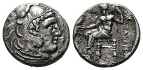 KINGS OF MACEDON. Alexander III 'the Great' (336-323 BC).Drachm.
Obv: Head of Herakles right, wearing lion skin.
Rev: AΛΕΞΑΝΔΡΟY.
Zeus seated left on ...