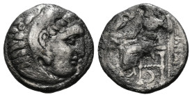 KINGS OF MACEDON. Alexander III 'the Great' (336-323 BC).Drachm.
Obv: Head of Herakles right, wearing lion skin.
Rev: AΛΕΞΑΝΔΡΟY.
Zeus seated left on ...