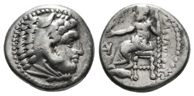 KINGS OF MACEDON. Alexander III 'the Great' (336-323 BC).Drachm.
Obv: Head of Herakles right, wearing lion skin.
Rev: AΛΕΞΑΝΔΡΟY.
Zeus seated left on ...