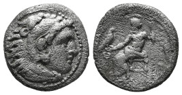 KINGS OF MACEDON. Alexander III 'the Great' (336-323 BC).Drachm.
Obv: Head of Herakles right, wearing lion skin.
Rev: AΛΕΞΑΝΔΡΟY.
Zeus seated left on ...