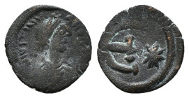 JUSTINIAN I (527-565). Pentanummium. Theoupolis (Antioch).
Obv: D N IVSTINIANVS P P AVG.
DIademed, draped and cuirassed bust right.
Rev: Large E with ...