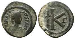 ANASTASIUS I (491-518). Half Follis. Constantinople.
Obv: D N ANASTASIVS P P AVG.
Diademed, draped and cuirassed bust right.
Rev: Large K; cross to le...