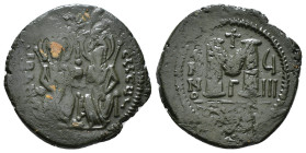 JUSTIN II, with SOPHIA (565-578). Follis. 
Obv: D N IVSTINVS PP AVG.
Justin and Sophia seated facing on double throne, holding globus cruciger and cru...