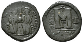 JUSTIN II, with SOPHIA (565-578). Follis. 
Obv: D N IVSTINVS PP AVG.
Justin and Sophia seated facing on double throne, holding globus cruciger and cru...