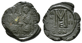 JUSTIN II, with SOPHIA (565-578). Follis. 
Obv: D N IVSTINVS PP AVG.
Justin and Sophia seated facing on double throne, holding globus cruciger and cru...