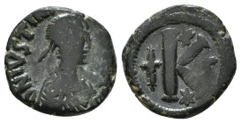 JUSTINIAN I (527-565). Half Follis. Constantinople.
Obv: D N IVSTINIANVS PP AVG.
Diademed, draped and cuirassed bust right.
Rev: Large K; cross to lef...