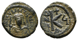 MAURICE TIBERIUS (582-602). Half Follis. Constantinople. Dated RY 7 (589). Obv: D N MAV TIЬЄP P P A. Crowned and cuirassed bust facing, holding globus...