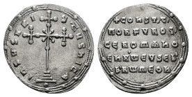 CONSTANTINE VII PORPHYROGENITUS with ROMANUS I (913-959). Miliaresion. Constantinople.
Obv: IҺSЧS XRISTЧS ҺICA.
Cross crosslet set upon three steps, w...