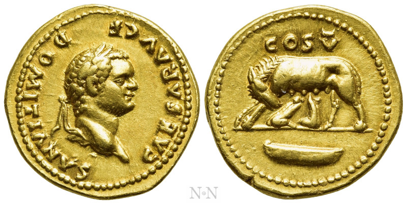 DOMITIAN (Caesar, 69-81). GOLD Aureus. Rome. 

Obv: CAESAR AVG F DOMITIANVS. ...